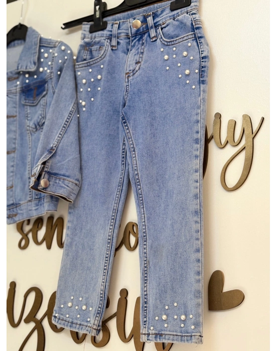 İnci Çakma Detaylı Kot Ceket-Pantolon Kız Çocuk Takım