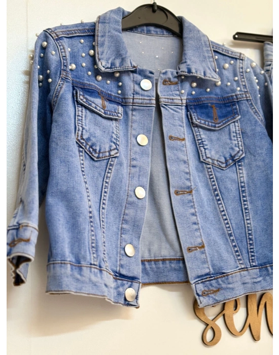 İnci Çakma Detaylı Kot Ceket-Pantolon Kız Çocuk Takım