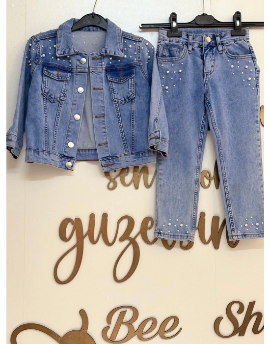 İnci Çakma Detaylı Kot Ceket-Pantolon Kız Çocuk Takım