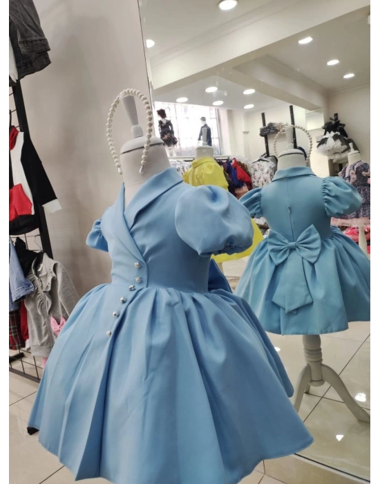 İnci Taçlı Kabarık Kız Çocuk Elbise Bebe Mavisi