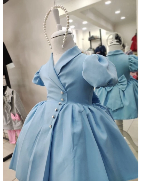 İnci Taçlı Kabarık Kız Çocuk Elbise Bebe Mavisi