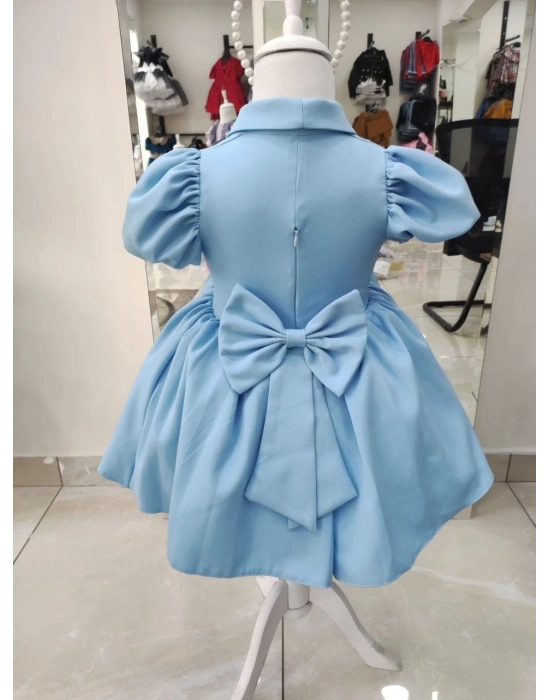 İnci Taçlı Kabarık Kız Çocuk Elbise Bebe Mavisi