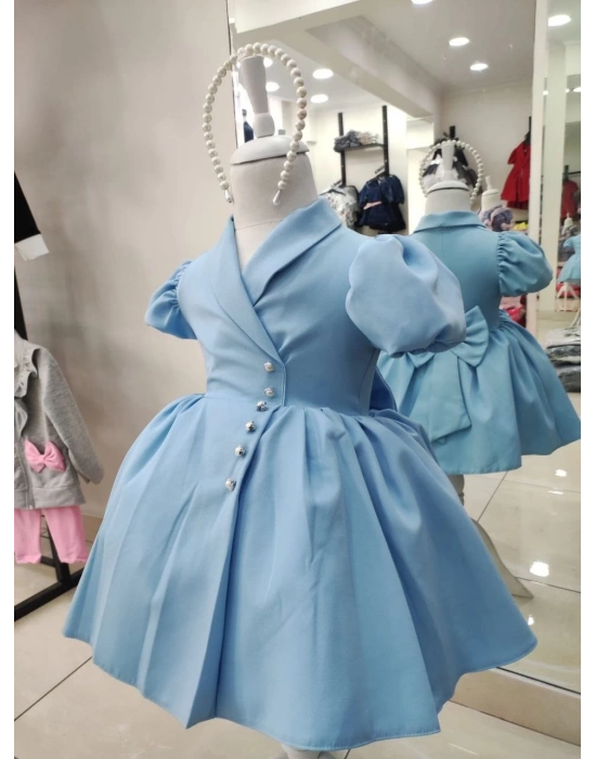 İnci Taçlı Kabarık Kız Çocuk Elbise Bebe Mavisi