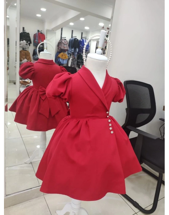 İnci Taçlı Kabarık Kız Çocuk Elbise Kırmızı