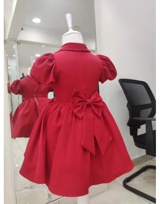 İnci Taçlı Kabarık Kız Çocuk Elbise Kırmızı