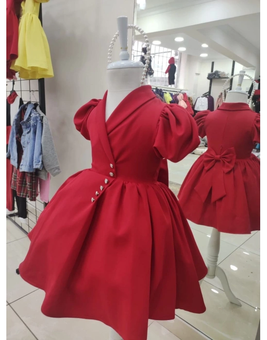 İnci Taçlı Kabarık Kız Çocuk Elbise Kırmızı