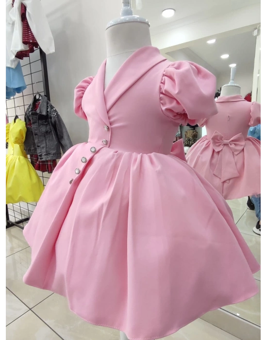 İnci Taçlı Kabarık Kız Çocuk Elbise Pembe