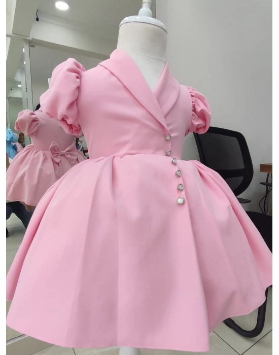 İnci Taçlı Kabarık Kız Çocuk Elbise Pembe