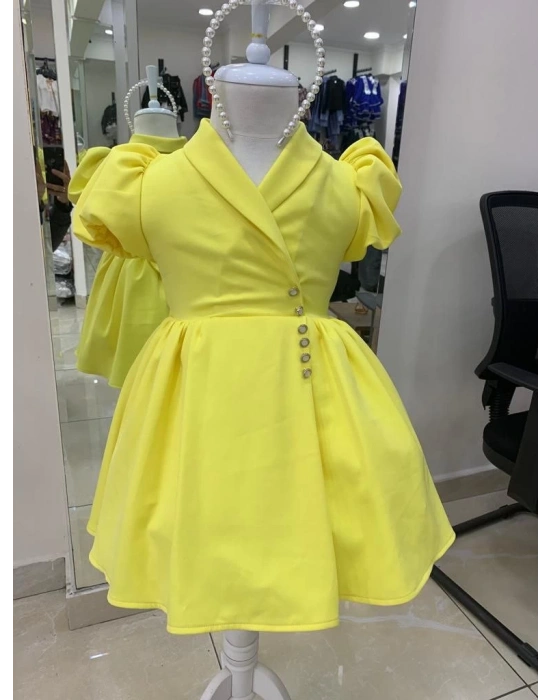 İnci Taçlı Kabarık Kız Çocuk Elbise Sarı