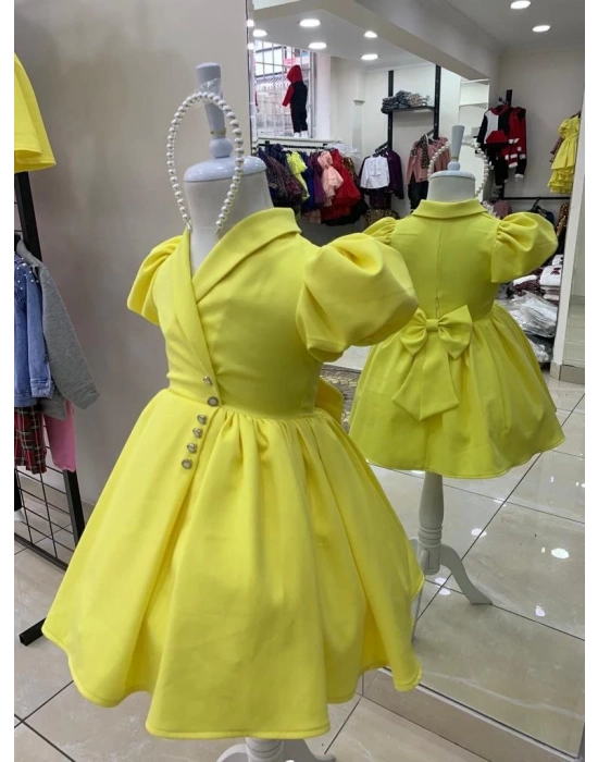 İnci Taçlı Kabarık Kız Çocuk Elbise Sarı