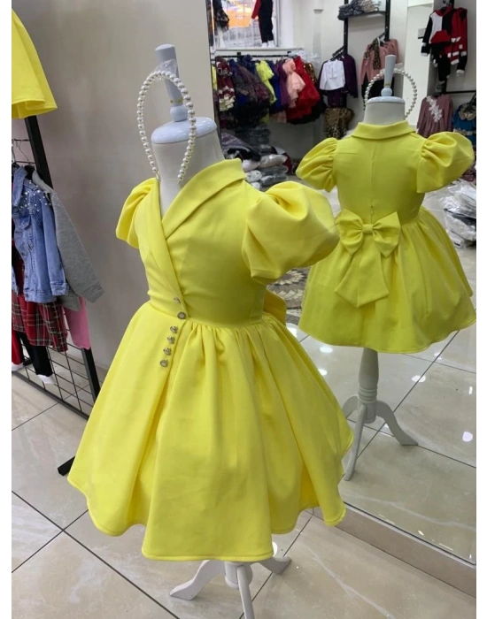 İnci Taçlı Kabarık Kız Çocuk Elbise Sarı