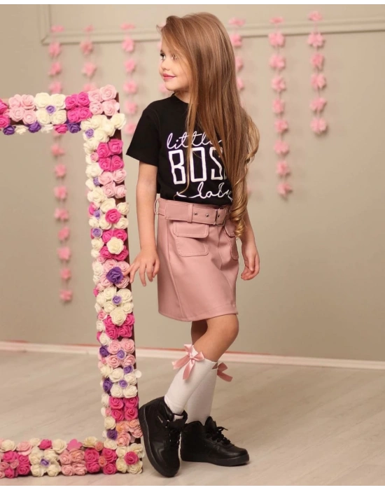 Kemerli Deri Etek Pamuk Penye Bluz Kombin