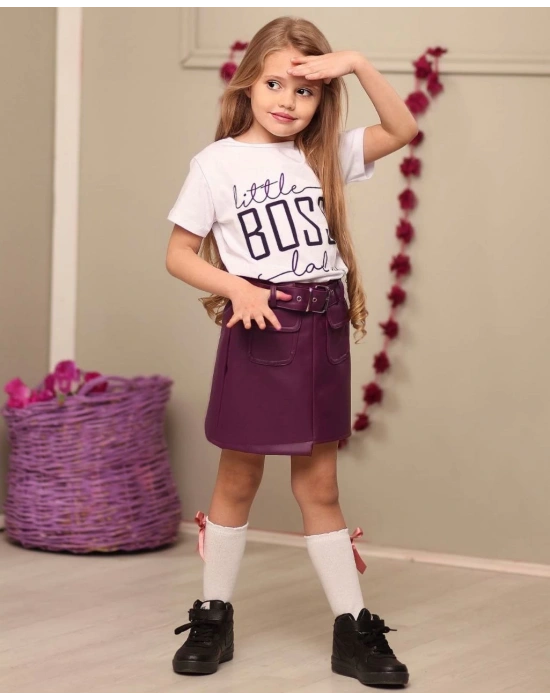 Kemerli Deri Etek Pamuk Penye Bluz Kombin