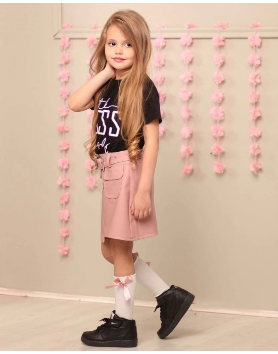 Kemerli Deri Etek Pamuk Penye Bluz Kombin