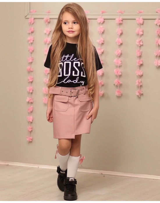 Kemerli Deri Etek Pamuk Penye Bluz Kombin