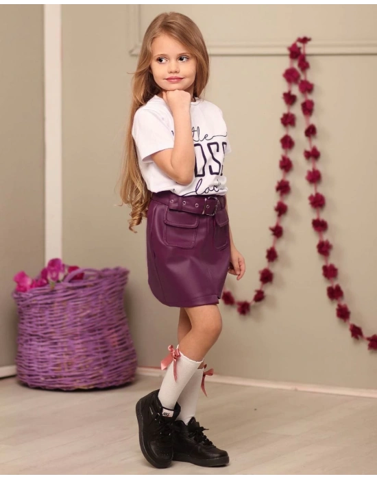 Kemerli Deri Etek Pamuk Penye Bluz Kombin