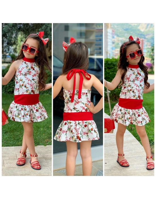 Kırmızı Beyaz Çiçekli Alt Üst Bandana Kız Çocuk Kombin