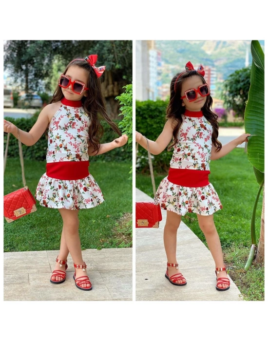 Kırmızı Beyaz Çiçekli Alt Üst Bandana Kız Çocuk Kombin