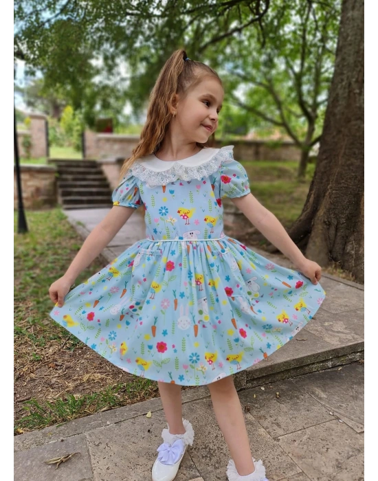 Kız Çocuk Desenli Tüllü Karpuz Kol Cepli Elbise