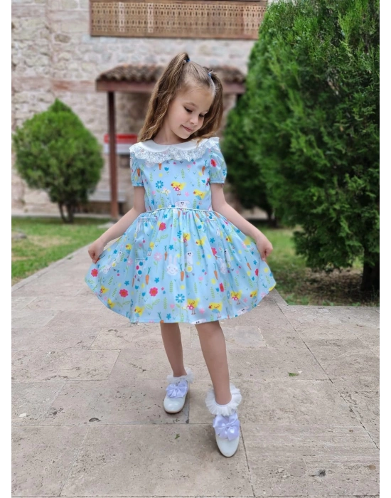 Kız Çocuk Desenli Tüllü Karpuz Kol Cepli Elbise