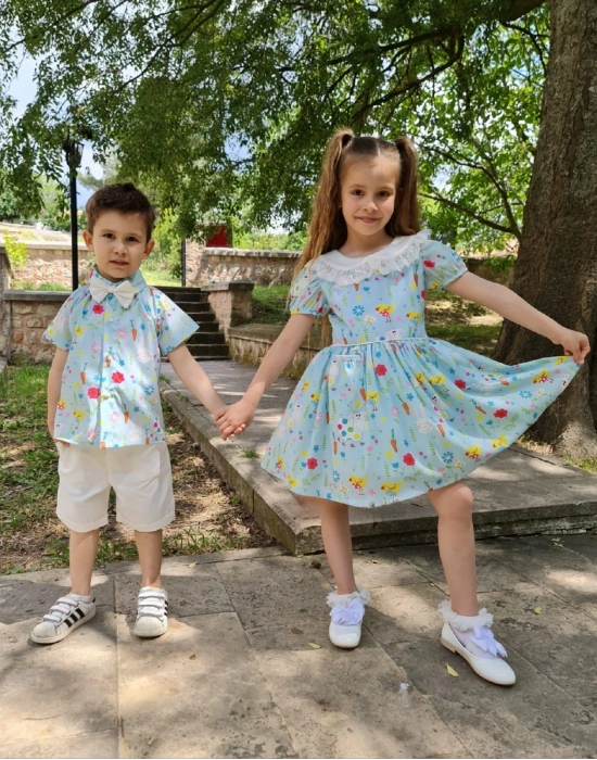 Kız Çocuk Desenli Tüllü Karpuz Kol Cepli Elbise