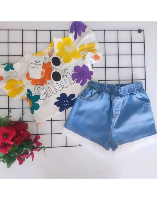 Kız Çocuk Fırfırlı Yarım Kol Çiçek Desen Bluz Kot Şort