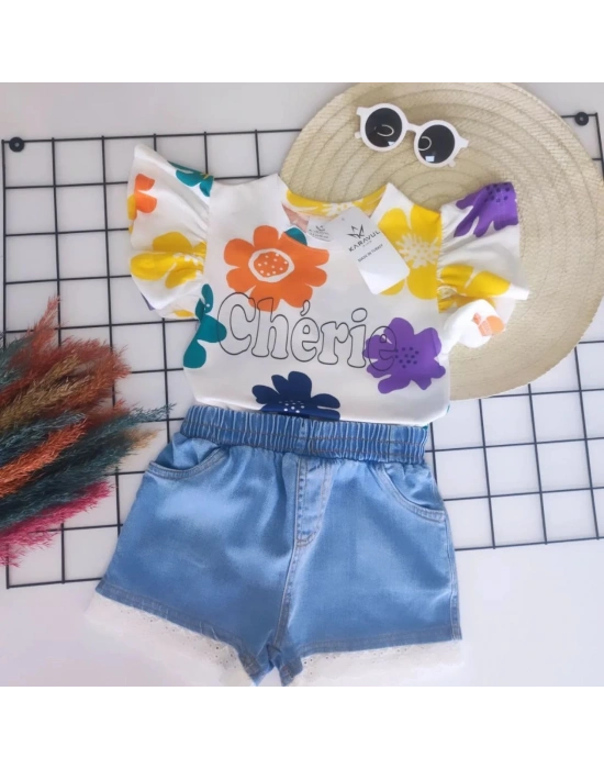 Kız Çocuk Fırfırlı Yarım Kol Çiçek Desen Bluz Kot Şort