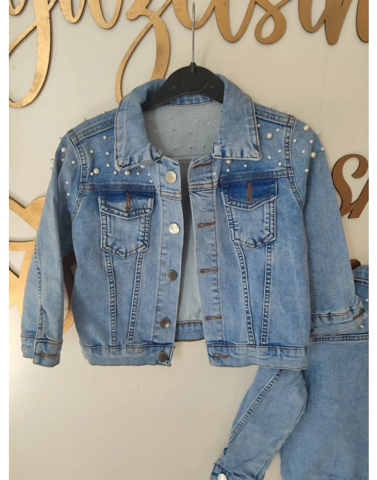 Kız Çocuk İnci Detaylı Kot Ceket