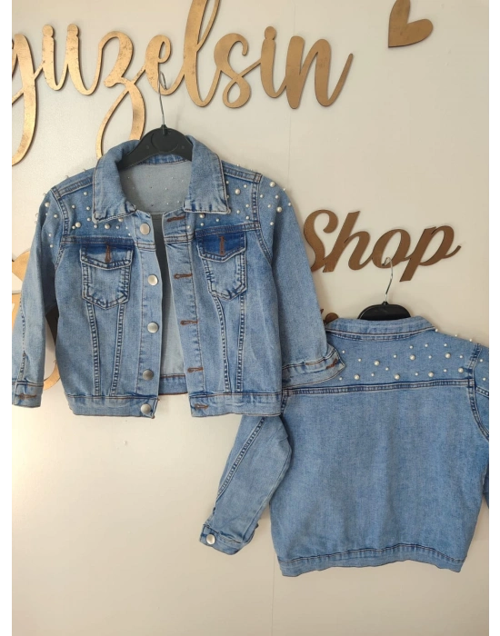 Kız Çocuk İnci Detaylı Kot Ceket