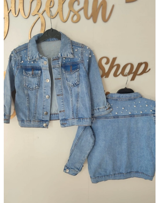 Kız Çocuk İnci Detaylı Kot Ceket