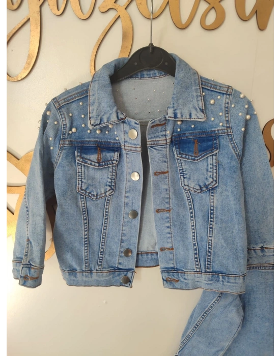 Kız Çocuk İnci Detaylı Kot Ceket