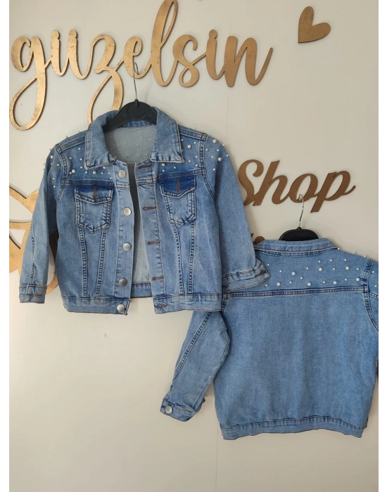 Kız Çocuk İnci Detaylı Kot Ceket