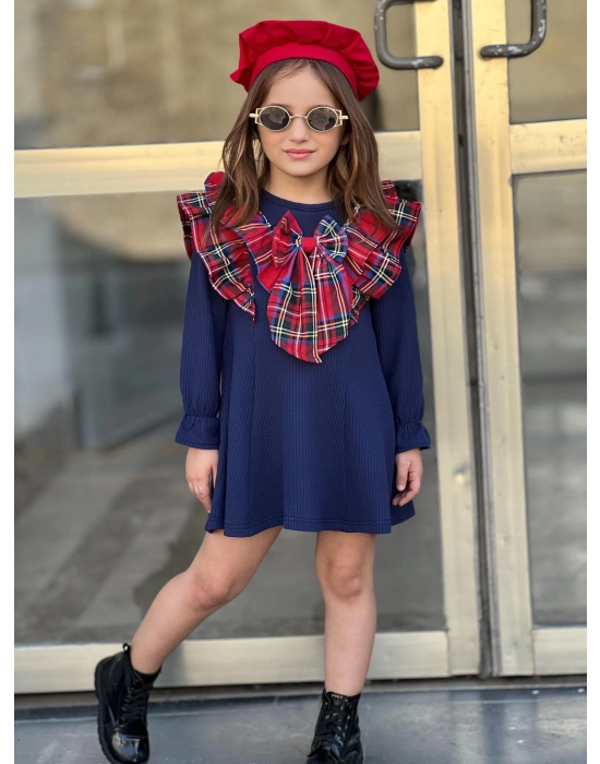 Kız Çocuk Kloş Parçalı Yaka Fiyonk Detaylı Elbise