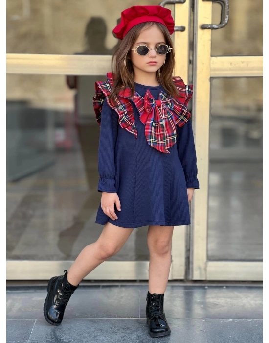 Kız Çocuk Kloş Parçalı Yaka Fiyonk Detaylı Elbise