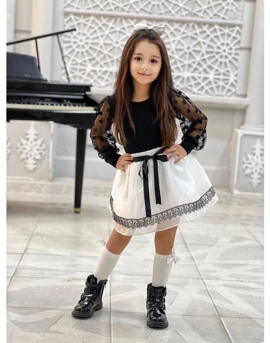 Kız Çocuk Kolları Dantel Bluz-Organze Kumaş Dantel Detaylı Kabarık Beyaz Etek