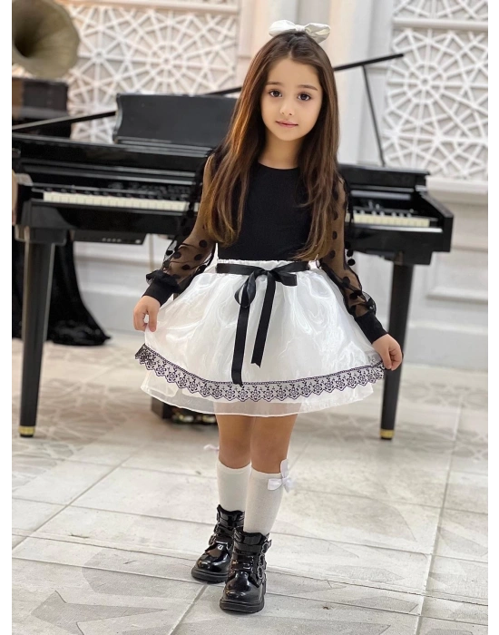 Kız Çocuk Kolları Dantel Bluz-Organze Kumaş Dantel Detaylı Kabarık Beyaz Etek