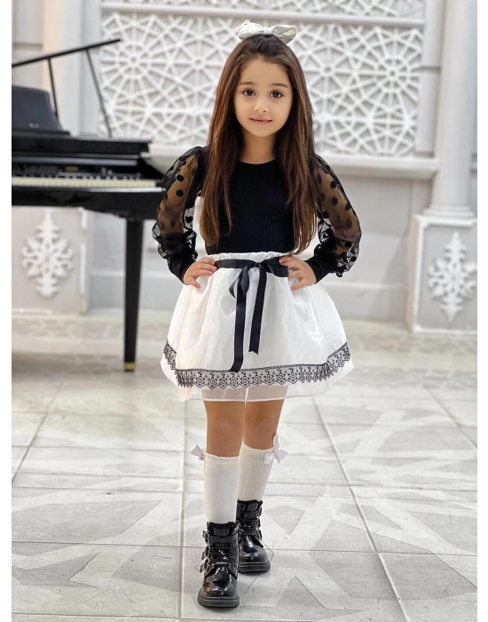 Kız Çocuk Kolları Dantel Bluz-Organze Kumaş Dantel Detaylı Kabarık Beyaz Etek