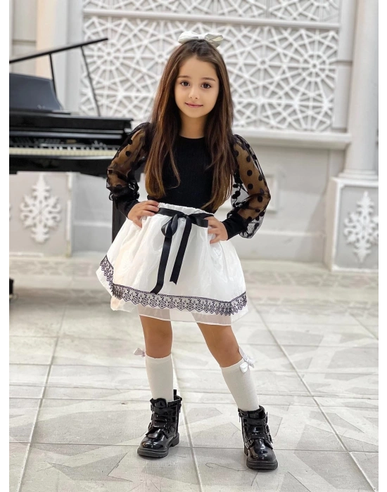 Kız Çocuk Kolları Dantel Bluz-Organze Kumaş Dantel Detaylı Kabarık Beyaz Etek