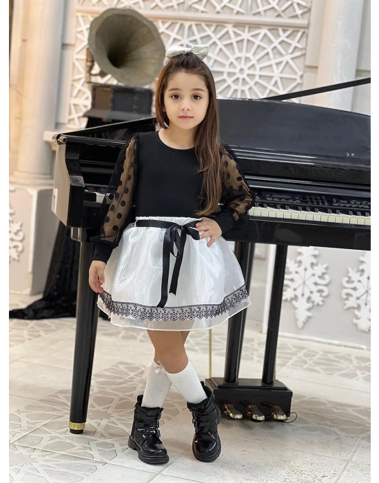 Kız Çocuk Kolları Dantel Bluz-Organze Kumaş Dantel Detaylı Kabarık Beyaz Etek