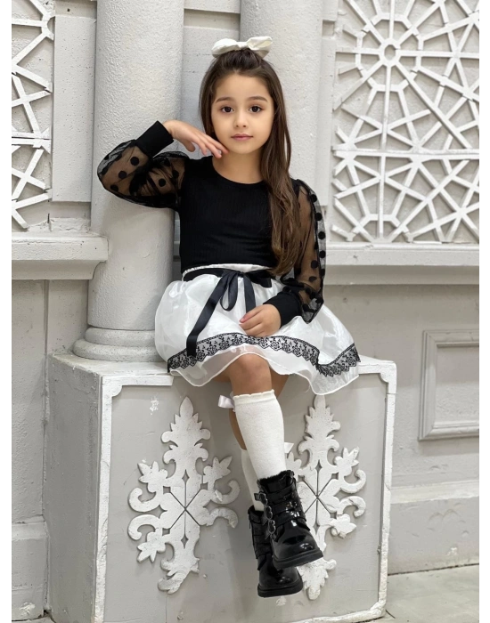 Kız Çocuk Kolları Dantel Bluz-Organze Kumaş Dantel Detaylı Kabarık Beyaz Etek