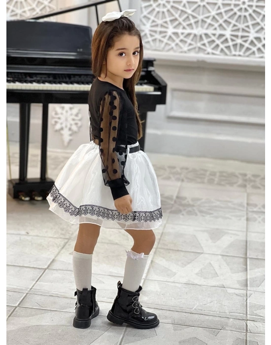 Kız Çocuk Kolları Dantel Bluz-Organze Kumaş Dantel Detaylı Kabarık Beyaz Etek