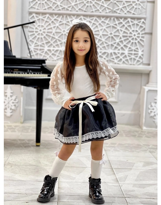 Kız Çocuk Kolları Dantel Bluz-Organze Kumaş Dantel Detaylı Kabarık Siyah Etek
