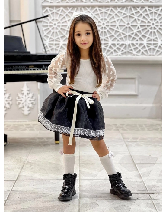 Kız Çocuk Kolları Dantel Bluz-Organze Kumaş Dantel Detaylı Kabarık Siyah Etek