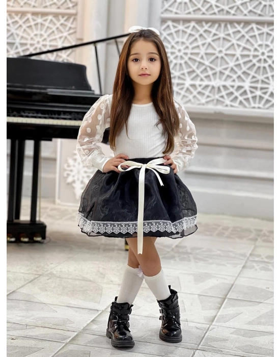 Kız Çocuk Kolları Dantel Bluz-Organze Kumaş Dantel Detaylı Kabarık Siyah Etek