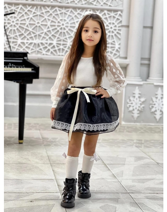 Kız Çocuk Kolları Dantel Bluz-Organze Kumaş Dantel Detaylı Kabarık Siyah Etek