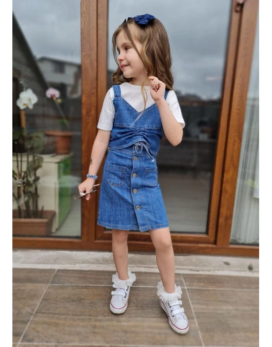 Kız Çocuk Kot Etek Bluz Büstiyer Takım