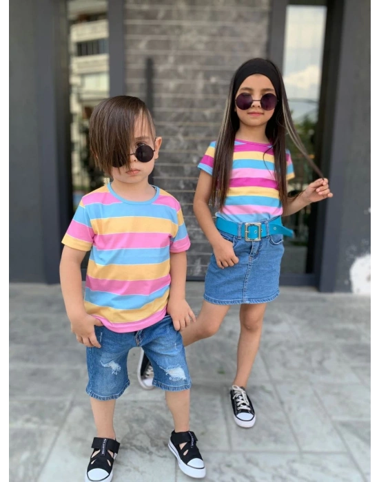 Kız Çocuk Kot Etek Çizgili T-Shırt Kemer Kombin