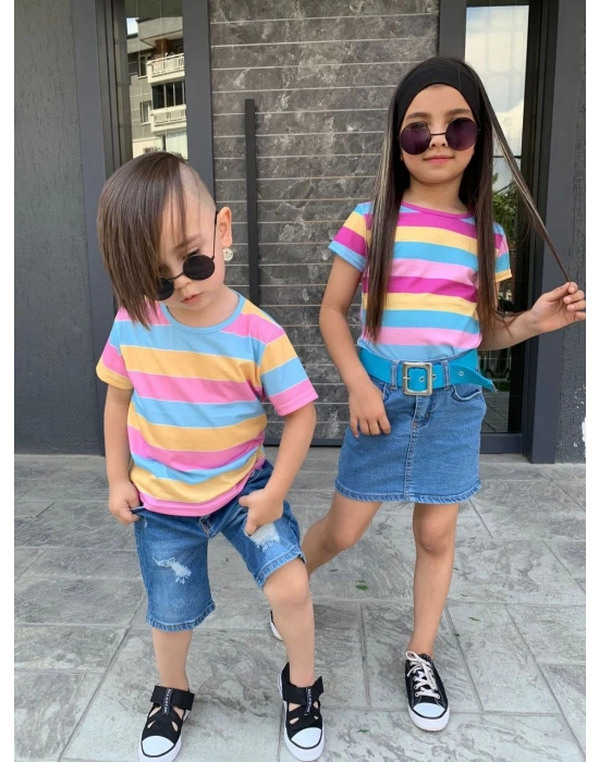 Kız Çocuk Kot Etek Çizgili T-Shırt Kemer Kombin