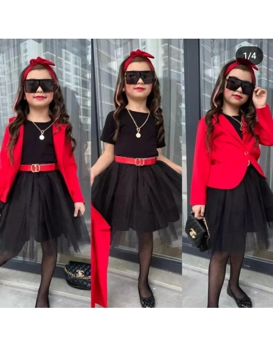 Kız Çocuk Mevsilmik Ceket Penye Bluz Tütü Etek Kemer Kombin