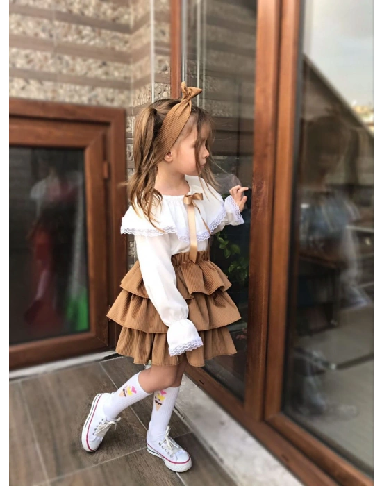 Kız Çocuk Uzun Kol Gömlek Fırfırlı Kadıfe Etek Bandana Takım